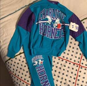 VINTAGE 90s Charlotte Hornets NWT Sweatsuit Set - Teal/Purple - Youth Size 14